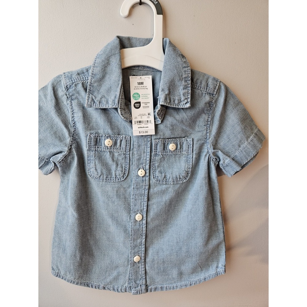Osh Kosh Denim‎ Blue Button Up Short Sleeve Shirt Sz 18M